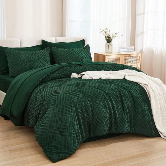 King Size Comforter Set 7 Pieces Dark Emerald Green Bed In A Bag King Boho Lightweight Fluffy Tufted Bedding Sets With Quilt Comforter Sheets Pillowcases Shams