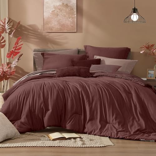 King Size Comforter Set, 7 Pieces Dark Red King Size Bed Set Reversible,Cationic Dyeing Bed in a Bag with Comforter, Sheets, Pillowcases & Shams