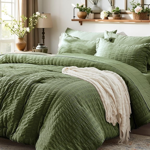 King Size Comforter Set, 7 Pieces Olive Green Seersucker All Season Bedding, with 1 Comforter 2 Pillow Shams 2 Pillowcases 1 Flat Sheet 1 Fitted Sheet