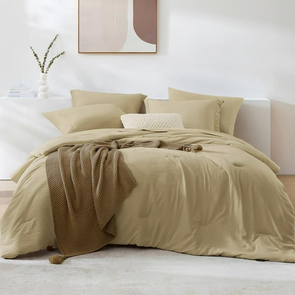 King Size Comforter Set- 7 Pieces Soft Taupe Bed in a Bag with Fitted Sheet, Flat Sheet, 2 Pillow Shams, and 2 Pillowcases- Khaki King Bedding Set for All Season