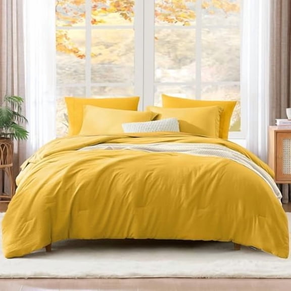 King Size Comforter Set- 7 Pieces Soft Yellow Bed in a Bag with Fitted Sheet, Flat Sheet 2 Pillow Shams, and 2 Pillowcases- King Bedding Set for All Season