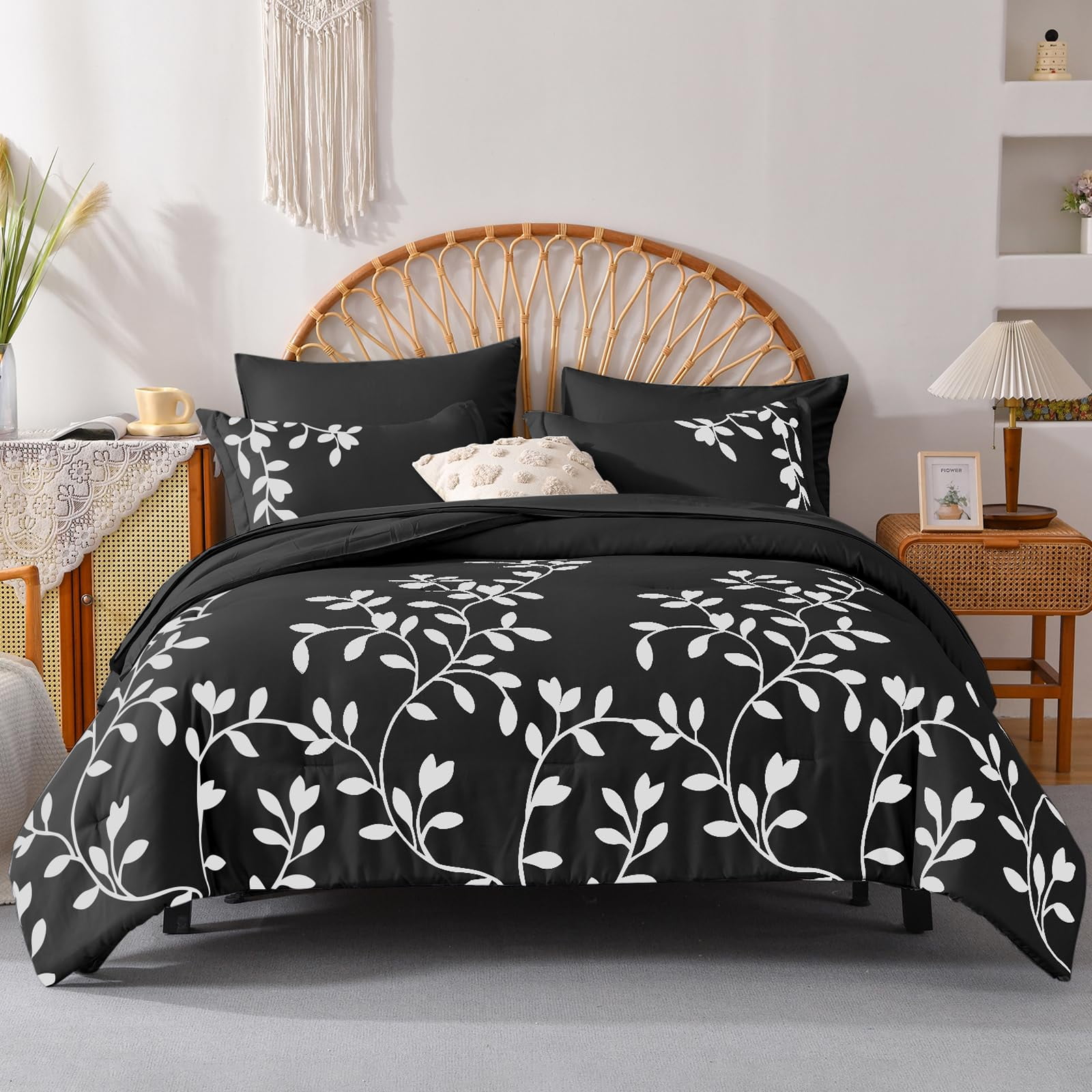 King Size Comforter Set - 7 Pieces White Floral Botanical Printed on ...