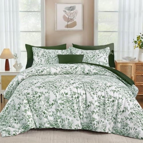 King Size Comforter Set 8 Pieces Emerald Floral Bed in a Bag Comforter Sets Botanical Print Soft Fluffy Microfiber Complete Bedding Sets for All Season 90x104