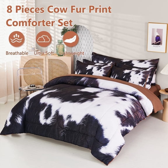 King Size Comforter Set 8 Pieces Western Farmhouse Style Bedding Set Highland Rustic Cow Fur Print Bed in A Bag Comforter Set with Sheets (Cow Fur Pattern, King)