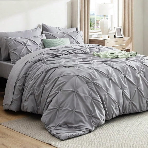 King Size Comforter Set - Bedding Sets King 7 Pieces Pintuck Bed in a Bag Grey Bed Set with Comforter Sheets Pillowcases Shams