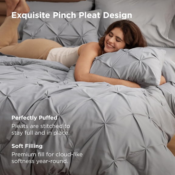 King Size Comforter Set - Bedding Sets King 7 Pieces, Pintuck Bed in a Bag Grey Bed Set with Comforter, Sheets, Pillowcases & Shams