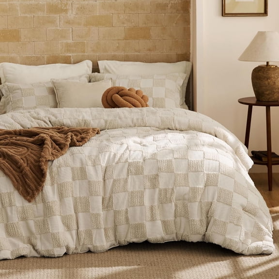 King Size Comforter Set Beige, Boho Tufted Bed Set, Checkered Farmhouse-Style Distressed Vintage Bedding, 3 Pieces, 1 Plaid Geometric Comforter and 2 Pillow Shams