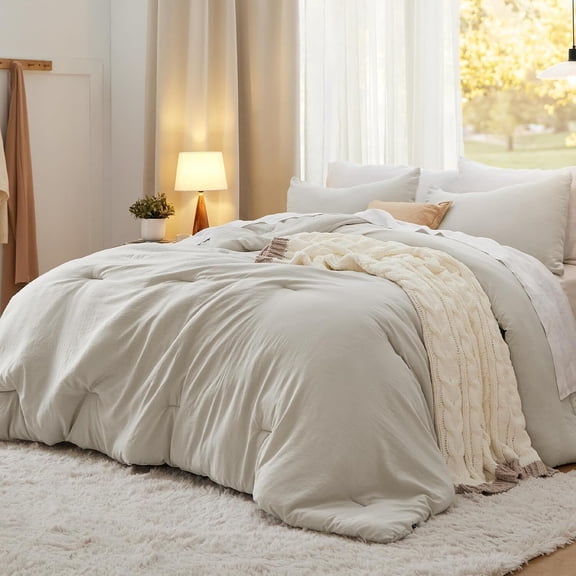 King Size Comforter Set, Beige Soft Pre-Washed Bedding, All Season, 3 Piece Set
