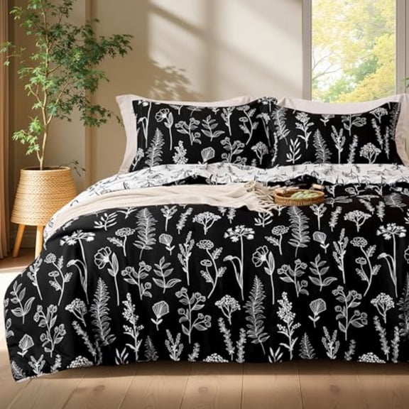 King Size Comforter Set Black 3 Pieces Floral King Bedding Set with 1 Soft Reversible Botanical Comforter and 2 Pillow Shams Bed in a Bag for All Seasons