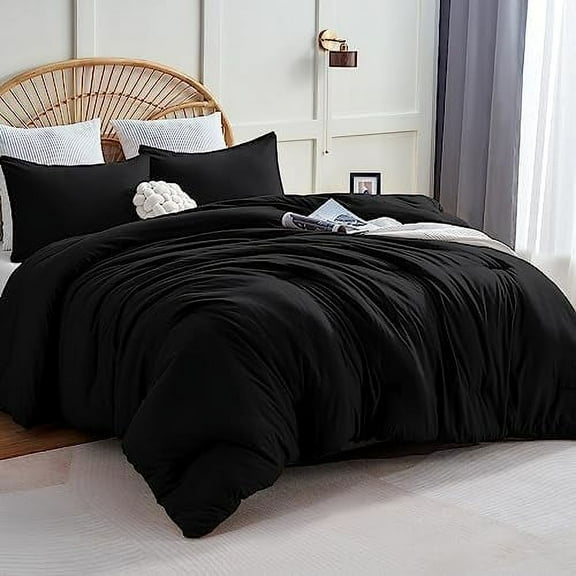 King Size Comforter Set Black, 3 Pieces Solid Comforters King Size Breathable Quilted Style Bedding Set, Luxury Soft Microfiber Down Alternative Comforter Bed Set (1 Comforter & 2 Pillowcases)