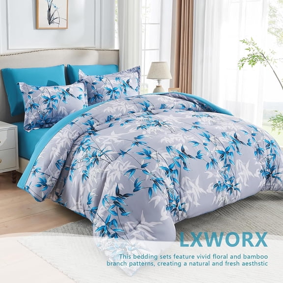 King Size Comforter Set Blue - 7 Pieces Bed in a Bag Botanical Bamboo Leaf Pattern Soft Lightweight Microfiber All Season