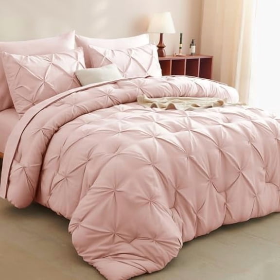 King Size Comforter Set Blush Pink, 7 Pieces Pintuck Bed in A Bag Pink Comforter King Size, Pinch Pleat Bedding Set with All Season Comforter, Sheets, Pillowcases & Shams