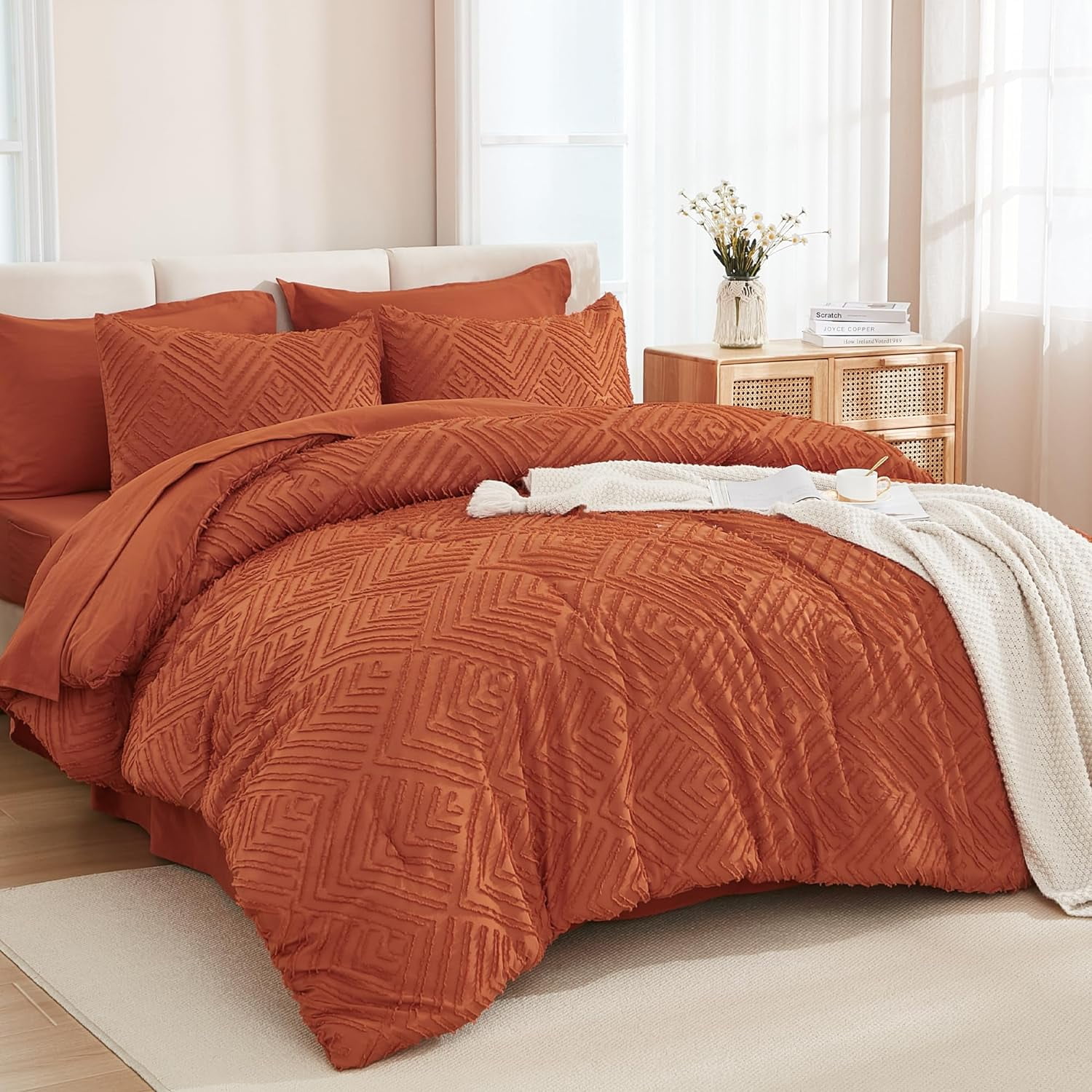King Size Comforter Set Burnt Orange 7 Pieces Bed in a Bag King Boho