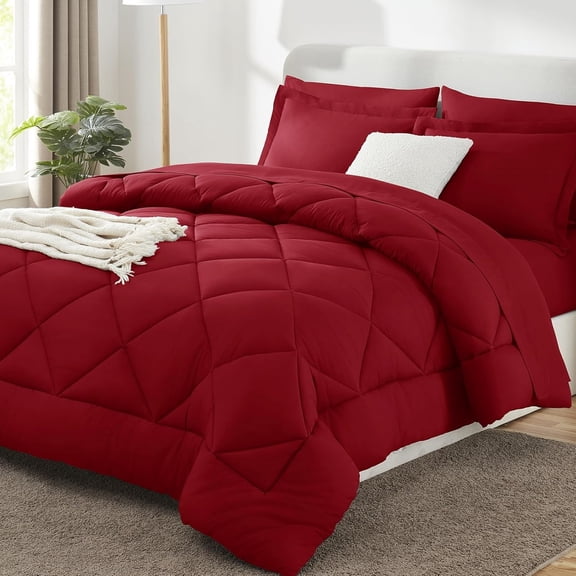 King Size Comforter Set Dark Red - 7 Pieces Bed in a Bag King, Luxury Soft Bed Set for All Seasons, Bedding Set with Down Alternative Comforter, Sheets, Pillowcases & Shams