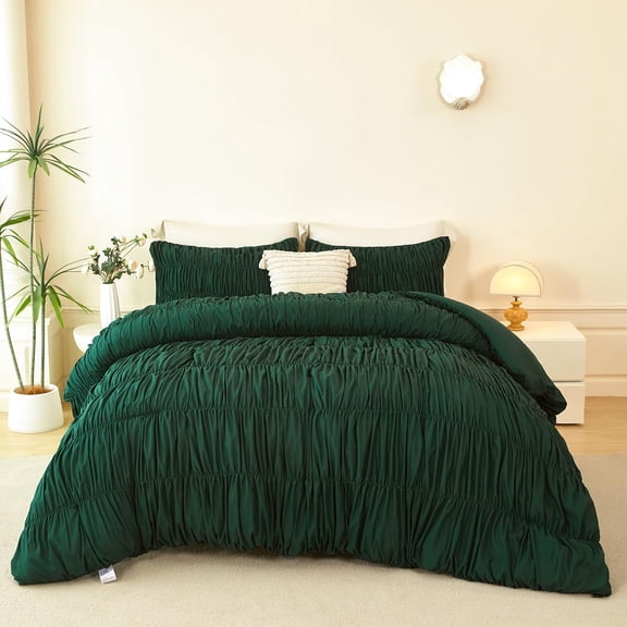 King Size Comforter Set Emerald Green 5 Pieces Solid Fluffy Ruched Bedding with Sheet Set Luxury Soft Pleated Texture Bed in a Bag All Season Farmhouse Ruffle Bed Sets, 104"x90"