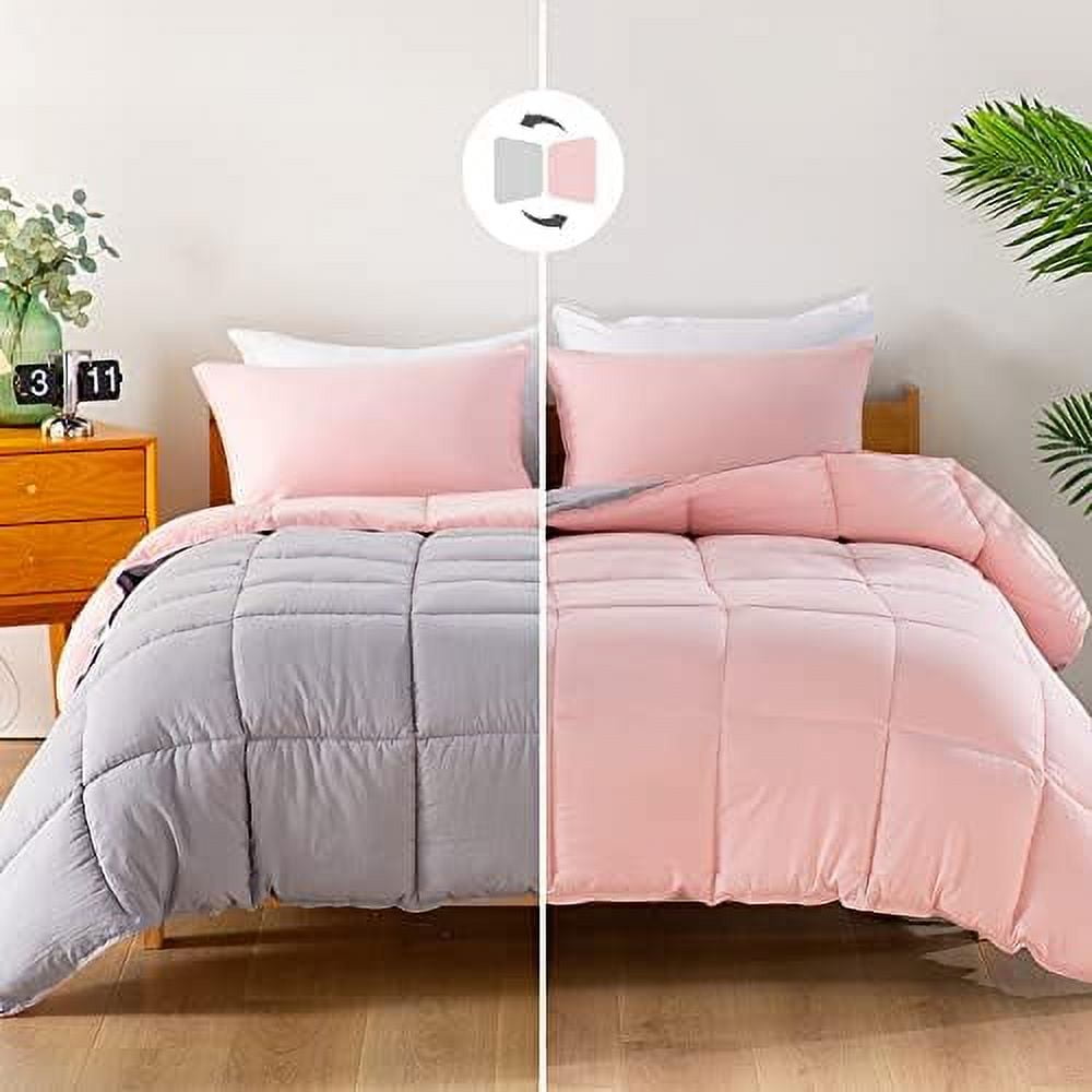 King Size Comforter Set Fluffy Pink And Grey Down Alternative Bedding