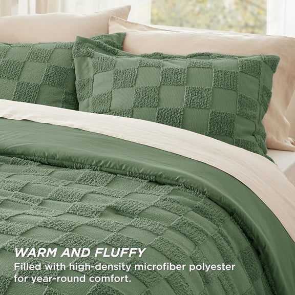 King Size Comforter Set Green Boho Tufted Bedding Checkered Farmhouse Shabby Chic 3 Pieces