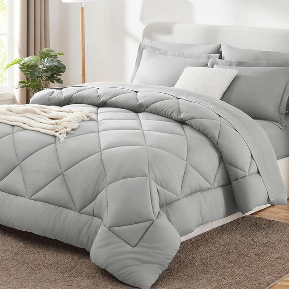 King Size Comforter Set Light Grey - 7 Pieces Bed in a Bag King, Luxury Soft Bed Set for All Seasons, Bedding Set with Down Alternative Comforter, Sheets, Pillowcases & Shams