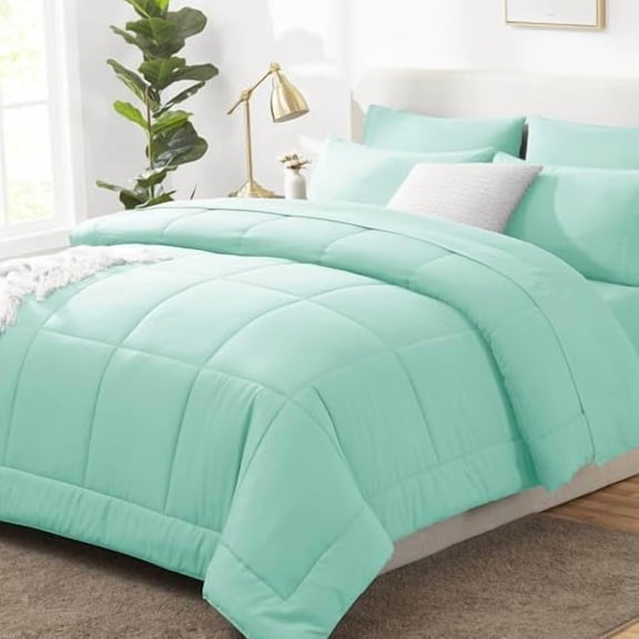 King Size Comforter Set Mint Green, 7 Pieces Bed in a Bag, Green Comforter King Size, All Season Bedding Sets with Stitch Quilted Comforter, Flat Sheet, Fitted Sheet, Pillowcases