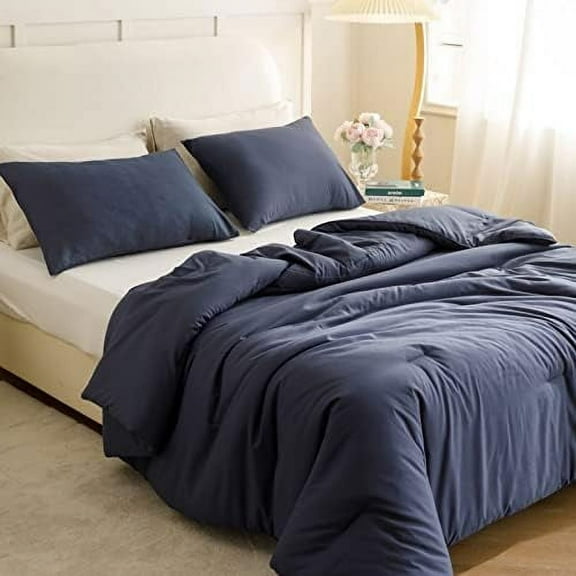 King Size Comforter Set Navy Blue, 3pcs (1 Blue Comforter & 2 Pillowcases), All Season Bedding Soft Lightweight Bedspread Blanket Quilt