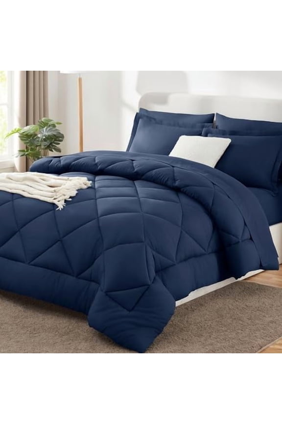 King Size Comforter Set Navy Blue - 7 Pieces Bed in a Bag King, Luxury Soft Bed Set for All Seasons, Bedding Set with Down Alternative Comforter, Sheets, Pillowcases & Shams