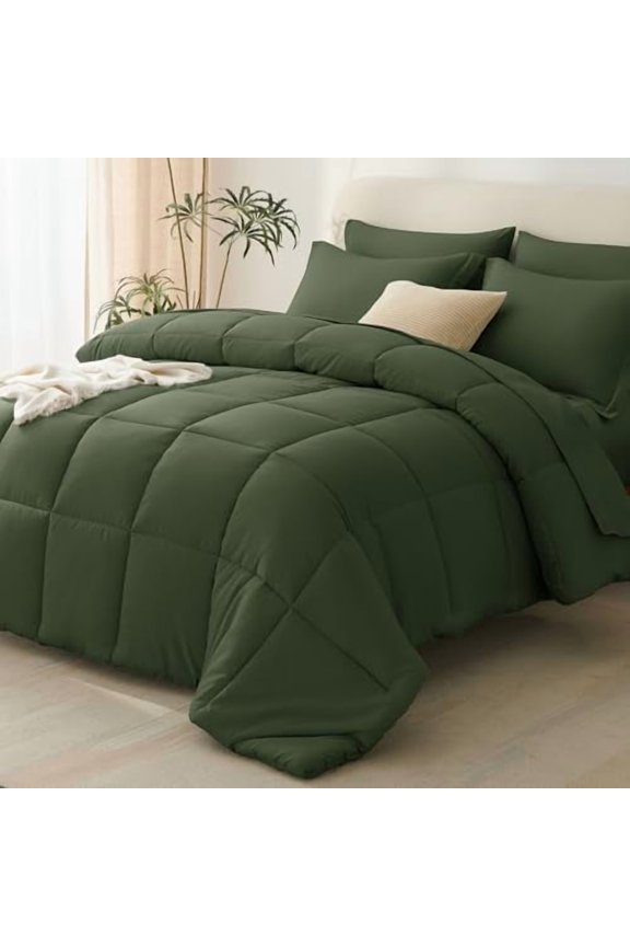 King Size Comforter Set Olive Green - 7 Pieces Bed in a Bag King, Okeo-Tex Certifited Bedding Set, All Season Soft Bed Set with Down Alternative Comforter, Sheets, Pillowcases & Pillow Shams