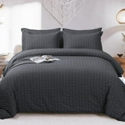 King Size Comforter Set Seersucker 7 Pieces, All Season Luxury Bed in a Bag for Bedroom, Bedding Set with Comforters, Sheets, Pillowcases & Shams, Dark Grey