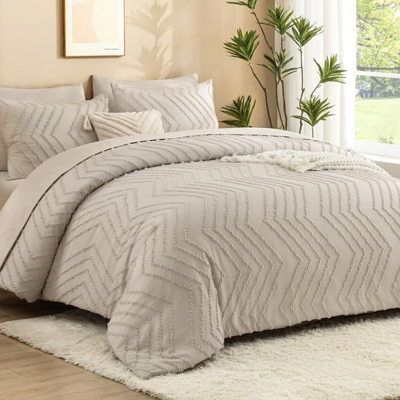King Size Comforter Set with Sheets Beige - 7 Pieces Bed in a Bag King Chevron Tufted Boho Luxury Bedding Sets with Comforter, Sheets, Pillowcases & Shams