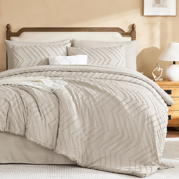 King Size Comforter Set with Sheets Beige - 7 Pieces Bed in a Bag King Chevron Tufted Boho Luxury Bedding Sets with Comforter, Sheets, Pillowcases & Shams