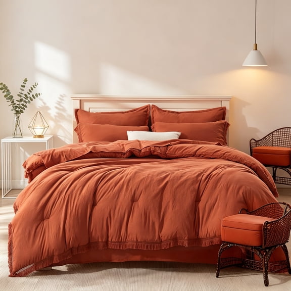 King Size Comforter Set with Sheets in Burnt Orange - 7-Piece Bed in a Bag, Boho Soft Lightweight Bedding Set, Terracotta Rust Tassel Bed Set with Comforter, Sheets, Pillowcases & Shams