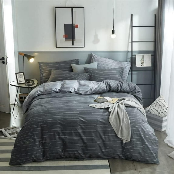 King Size Comforter Set for Teen Modern Geometric Boys Grey Striped Printed Comforter Set Men Boys for All Season, 1 Soft Fluffy Comforter and Two Pillowcases-King Size