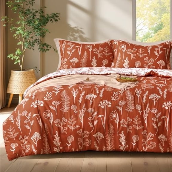 King Size Comforter Set Terracotta 3 Pieces Floral King Bedding Set with 1 Soft Reversible Botanical Comforter and 2 Pillow Shams Bed in a Bag for All Seasons