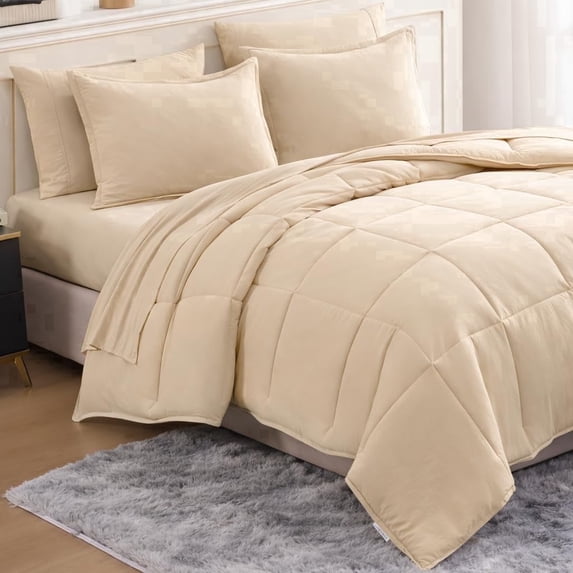 King Size Comforter Set Washed - 7 Pieces Bed in A Bag, Bedding Sets with Comforters, Sheets Set, Pillowcases & Shams, King Bed Set- Beige