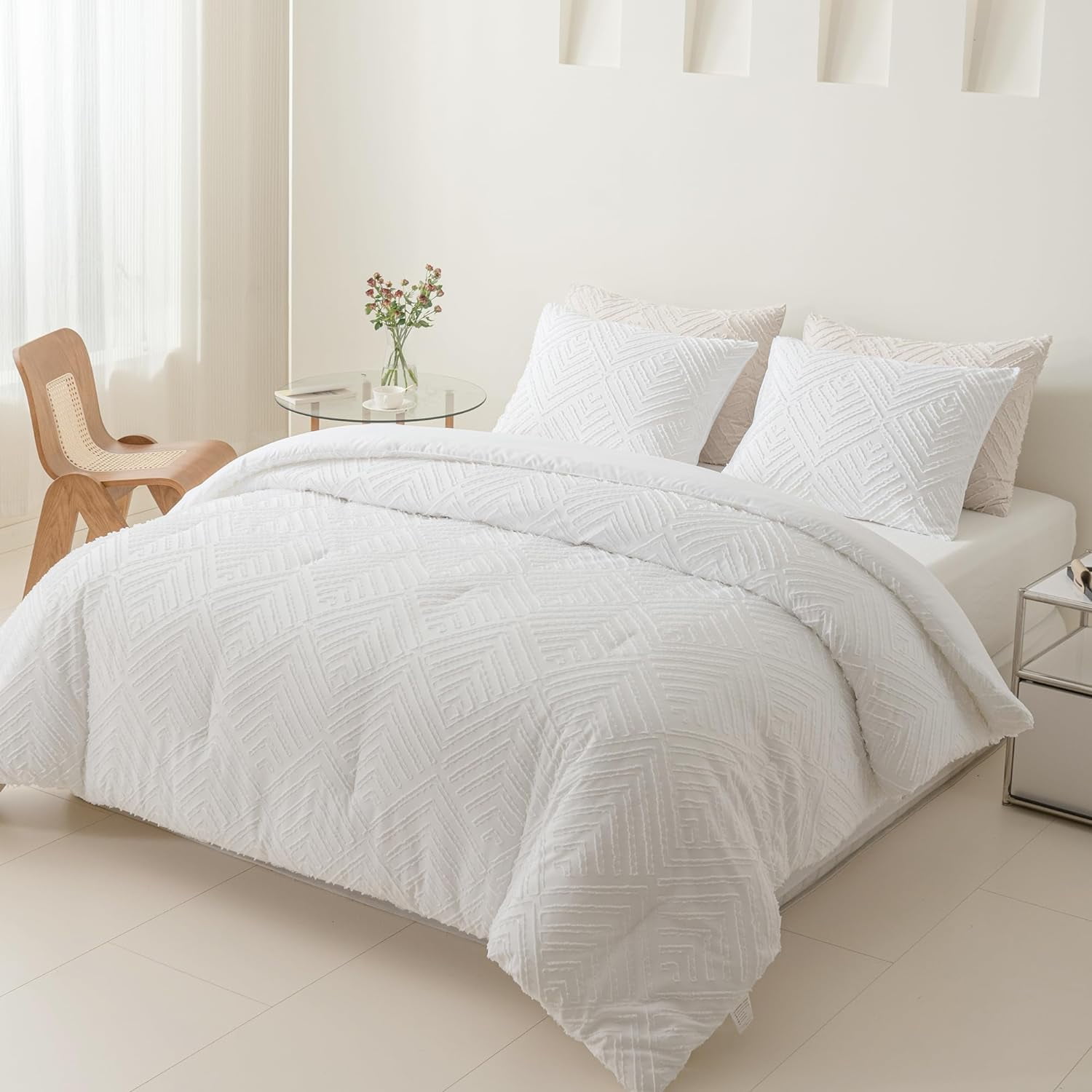King Size Comforter Set, White Boho Bedding with Tufted Design, Soft