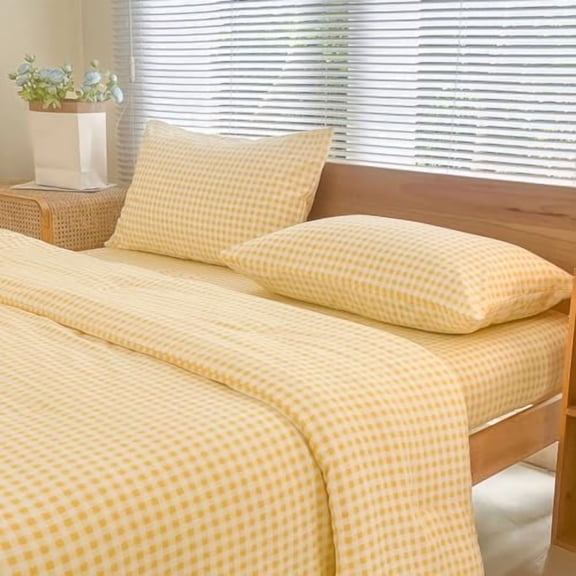 King Size Comforter Set, Yellow Gingham Bedding Comforter Sets, Yellow Grid Bed Comforter 3 Pieces (1 Comforter, 2 Pillowcases)
