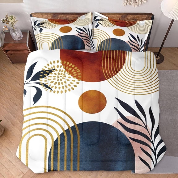 King Size Comforter Set with 2 Pillowcases, Retro Sun Boho Geometric Leaf 3 Pcs Bedding for Adults, Mid  Soft Comforter Set for Bedroom Bed Decor