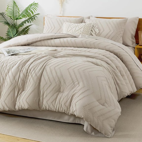 King Size Comforter Set with Sheets Dark Oatmeal 7 Pieces Chevron Tufted Boho Luxury Bedding