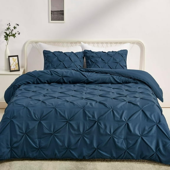 King Size Comforter Sets, All-Season Down-Alternative 3-Piece Bedding Set, Pinch Pleat Design, Navy Blue