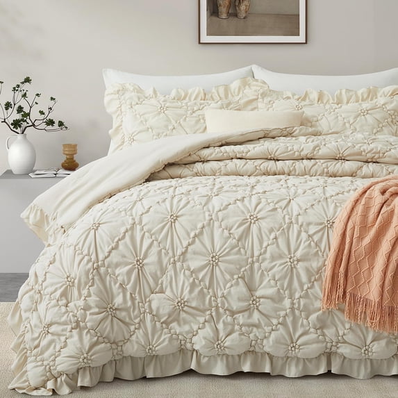 Size Comforter Sets, Beige Bedding Comforter Set, 3 count Pinch Pleat Bedding Sets with Comforter and Pillowcases Soft Farmhouse Shabby Chic Comforter for Season