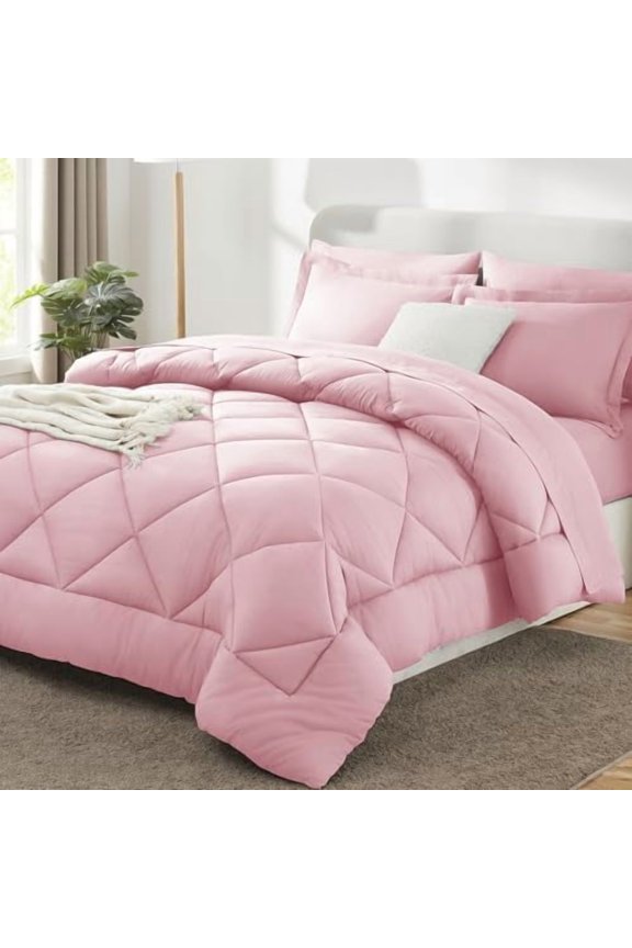 King Size Comforter Sets Pink - 7 Pieces Bed in a Bag King, Luxury Soft Bed Set for All Seasons, Bedding Set with Down Alternative Comforter, Sheets, Pillowcases & Shams
