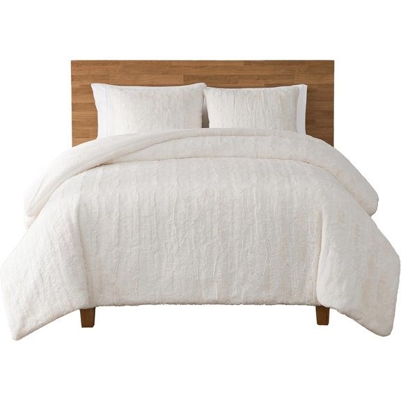 King Size Comforters Set, Faux Fur Extra Soft Comforter Set King, Oversized Fluffy Reversible Cream Micromink Bedding with 2 Zipper Pillow Shams, Luxury White Bed Decor, Snow, Alondra