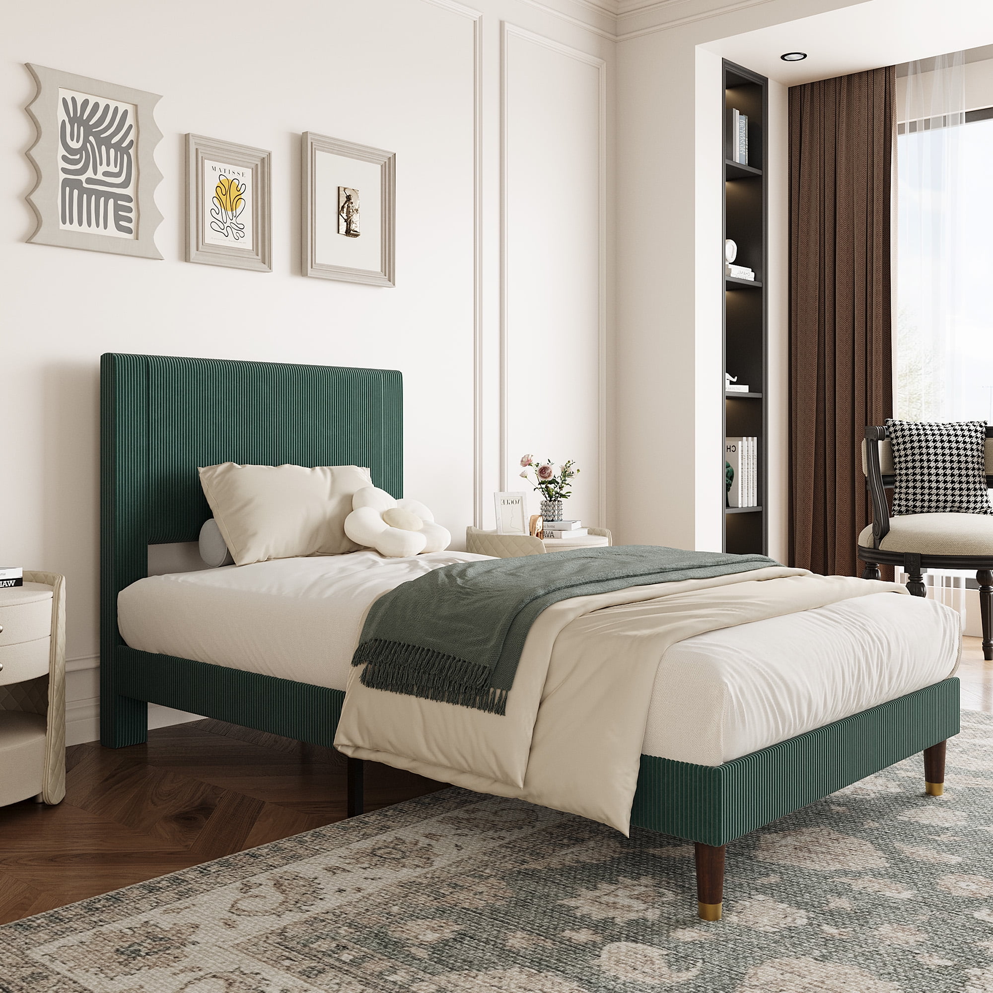 King Size Corduroy Bed Frame with Headboard, Heavy Duty Wood Slats, Noise-Free & Easy Assembly, No Box Spring Needed, Modern for Bedroom, Guest Room, Apartment