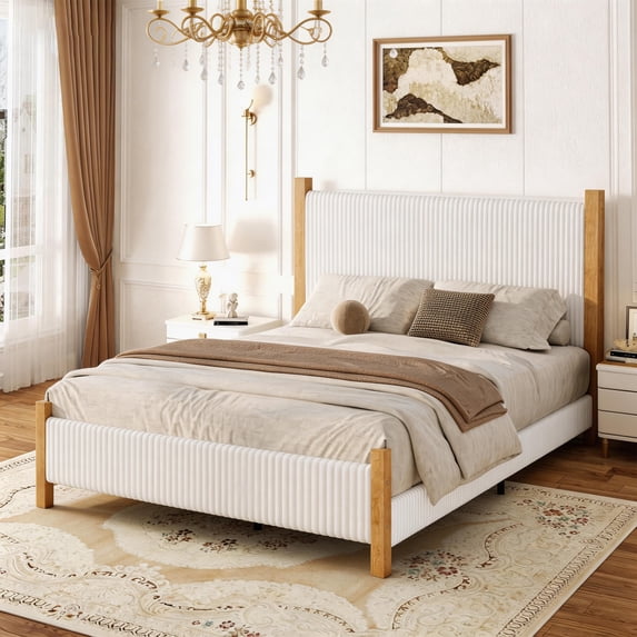 King Size Corduroy Upholstered Bed Frame with Vertical Channel Headboard, Platform Bed No Box Spring Needed, Sturdy Noise-Free Structure, Easy Assembly, White
