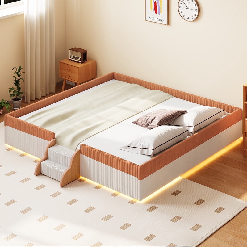 King Size Corduroy Upholstered Floor Bed Frame with Fence, Kids Low-Profile Platform Bed with 2-Tier Steps & Smart LED Lights