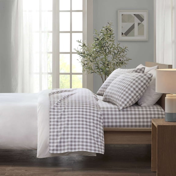 King Size Cotton Bedding Set 4 PCS Full Printed Sheet Set Gray Herringbone Check,Bed In A Bag