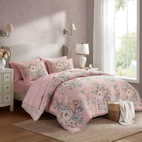 King Size Cotton Bedding Set 7-Piece King 7 Piece Vintage-inspired Collection floral print,Pink,Bed In A Bag