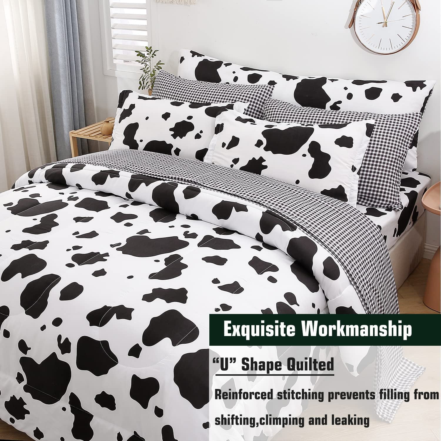 King Size Cow Comforter Set, 8 Pieces Black and White Bedding Set, Cute