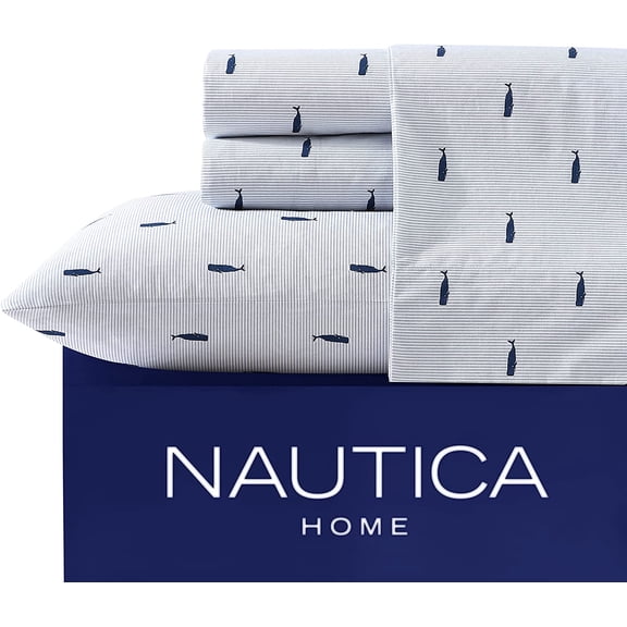 King Size Crisp Cotton Percale Sheet Set with Matching Pillowcases and Fitted Sheet Whale Stripe Blue
