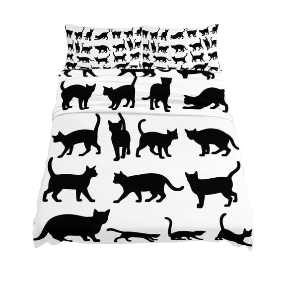 King Size Cute Cat Sheet Sets Black Cat Cartoon Animal White Background Soft Breathable Microfiber Bed Sheets Deep Pockets 4 Piece Bed Sheets Set, 1 Fitted Sheet, 1 Flat Sheet & 2 Pillowcases