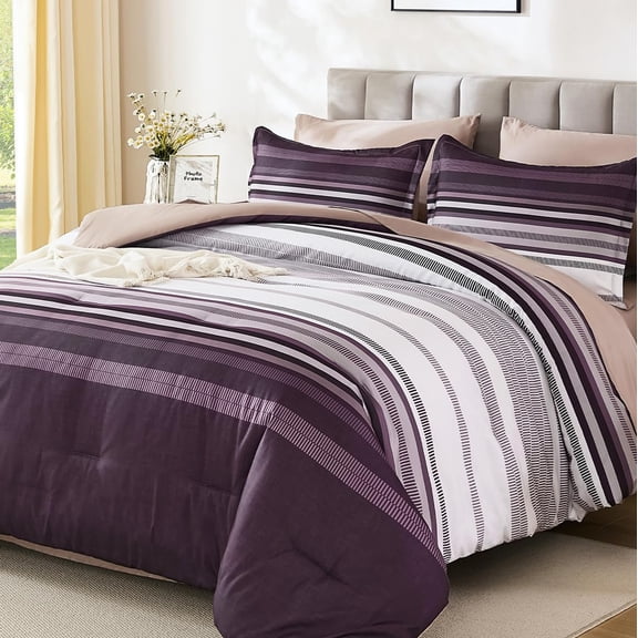 King Size Dark Purple Boho Striped Bed-in-a-Bag 7 Piece Microfiber Bedding Set